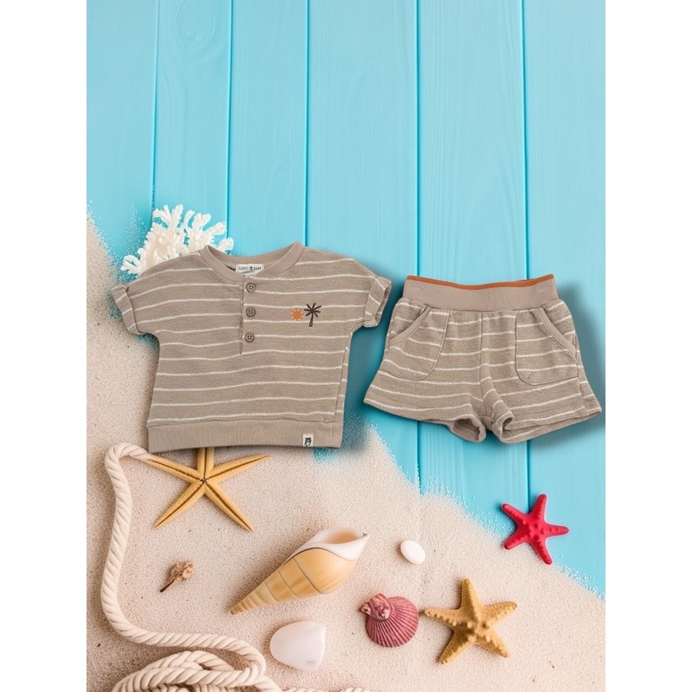 Rabbit Bear Organic Sunny Days Striped Terry Henley & Shorts Set 6-9M